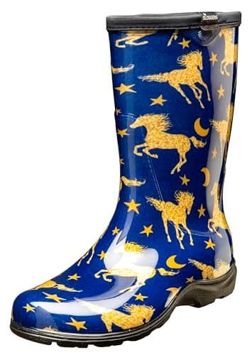 Sloggers Waterproof Garden Rain Boots for Women - Cute Mid-Calf Mud & Muck Boots with Premium Comfort Support Insole, (Horse Stars Blue), (Size 11) - Made in USA with US and Imported Parts