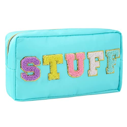 SOIDRAM Preppy Makeup Bag Nylon Cosmetic Bag Blue Stuff Makeup Pouch for Women Travel Toiletry Bag Organizer Cute Makeup Brushes Storage Bag with Chenille Letter Patches