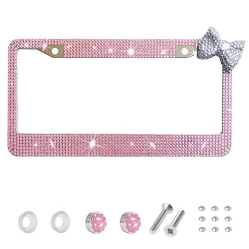 Wanheart Rhinestone Plate Frame, Pink Frame with White Corner Bow, 1 Pack