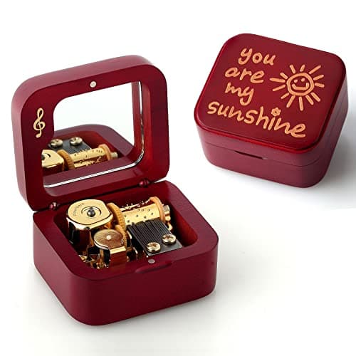 JYmusic Natural Solid Wood Clockwork Square Note Octave Box with Pause and Play Function, Gift for Birthday/Mother's Day/Children's Day/Valentine's Day/Christmas, Wine-red.
