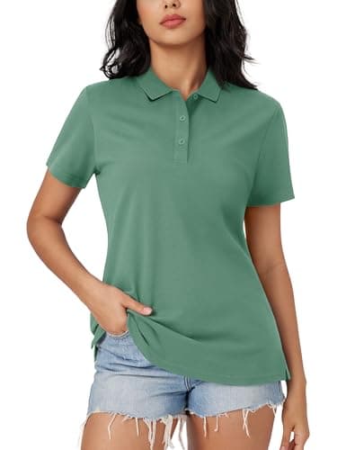 MAGCOMSEN Short Sleeve Polo Shirt Women Cotton Moisture Wicking Casual Tops 3-Button Golf Shirts Collared Grey Green, S