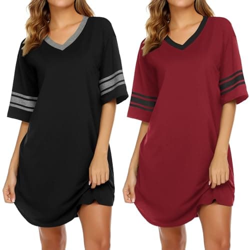 Ekouaer Nightgowns for Women 2 Pack Sleepshirts Short Sleeve Nightshirt V Neck Sleepwear Casual Pajama Dress,Black/Wine Red,S