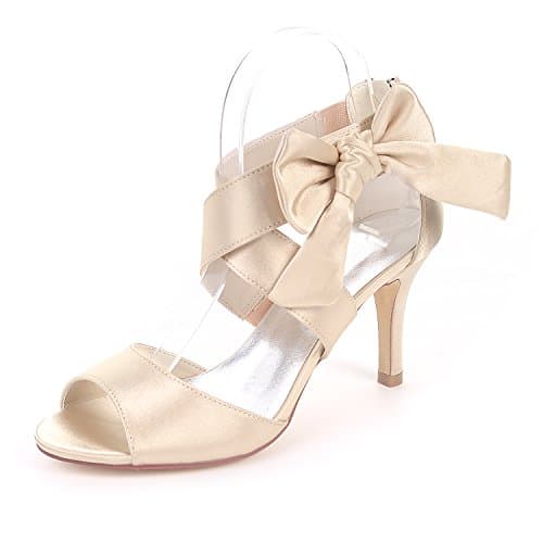 Creativesugar Women's Bow Sandals Satin Dress Shoes nude stiletto (Champagne, 7.5)