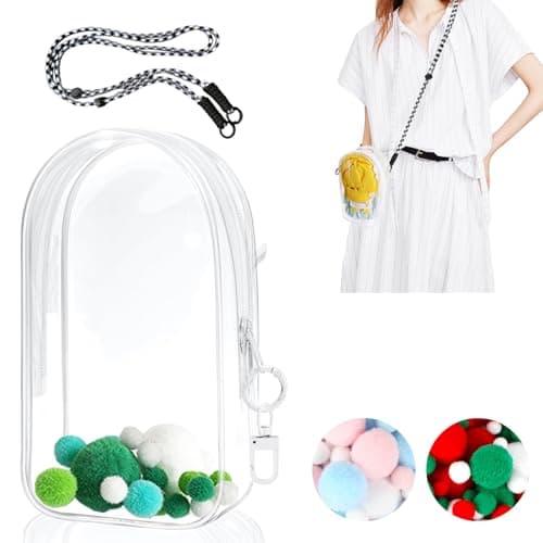 Bestoct Protective Case for Labubu Plush Doll, Clear Bag Hanging Display with Keychain, Toy Storage Box carrier, PVC Transparent Figure Cover, Carrying Pouch Accessories(Doll Not Include) (Large 7.4")