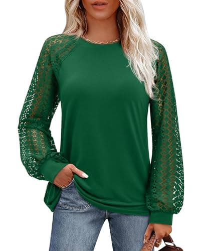 Plus Size Tops for Women Spring Casual Green Blouse Business Casual Long Sleeve lace top Cute Crew Neck Shirts Formal Work Office Attire Elegant Laides Christmas Outfits Vocation Party Clothes 2XL