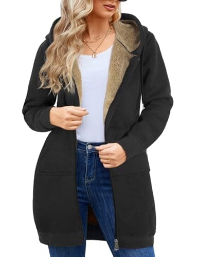 Wiepux Casual Zip Up Hoodie for Women, Long Tunic Fleece Jacket Plus Size Coat, Warm Winter Hooded Outerwear (Black,XL)