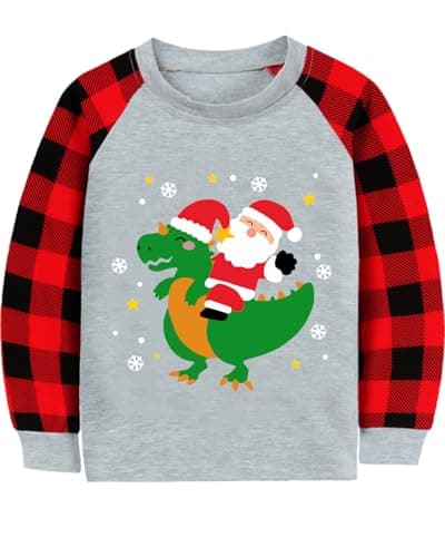 Christmas Shirt for Toddler Boy Girl Ugly Xmas Clothes Santa Claus Rides Dinosaur Buffalo Red Plaid Raglan Sleeve Kids Tee Tops 6T