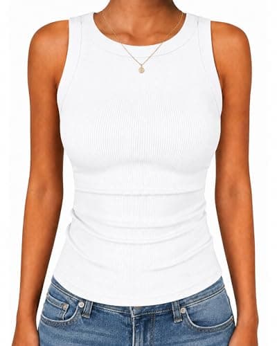 GAYHAY White Tank Top Woman Womens Summer Cute High Neck Sleeveless Ribbed Shirts for Spring Casual Workout Athletic Beach Basic