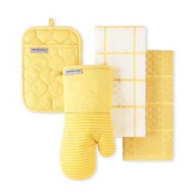 KITCHENAID Quilted Cotton Terry Cloth Oven Mitt, Pot Holder, Kitchen Towel 4-Pack Set, Heat Resistant, Silicone Grip, 16"x26", 7"x13" & 7"x10", Butter Yellow