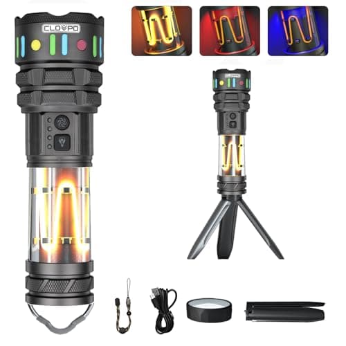 CLOVPO Rechargeable Camping Flashlight Tactical Flashlight, 11 Modes Multi-Function Flashlight 10000 Lumens Portable Camp Light with Stand, Bright LED Flashlight for Outdoor Activity, Black