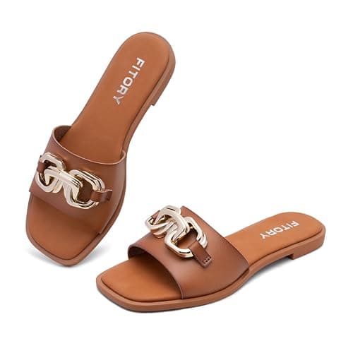 FITORY Women's Flat Sandals Fashion Slides With Soft Leather Slippers for Summer Brown Size 7