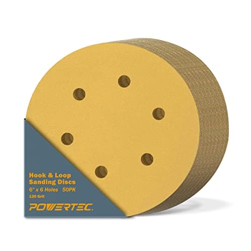 POWERTEC 50 PCS 120 Grit - 6 Inch 6 Hole Hook and Loop Sanding Discs, 6" Sanding Pads for Automotive, Drywall, Woodworking with Orbital Sander, Air, and DA Sander (45212G-50)