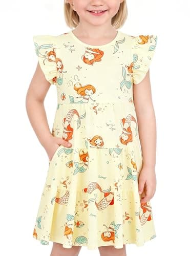BliBliTaTa Girls' Casual Dress,Soft Comfort Cotton Tagless Kids Short Sleeve,Breathable Tiered Ruffle Swing A-Line Midi Teen Sundress Size 2T 3T 4T 5 6 7 8 9 10 12 13 Mermaid Fish Light Yellow-4T
