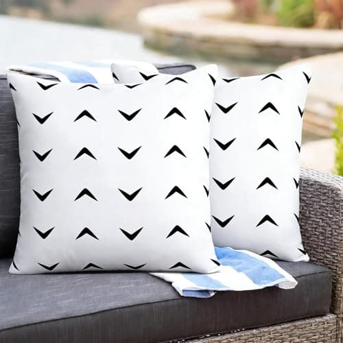 Adabana Outdoor Waterproof Pillow Covers 18x18 Inch White and Black Minimalist Decorative Geometric Pillows Cover Set of 2 for Patio Garden Beach Porch,White
