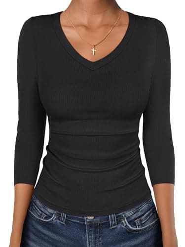 ANRABESS 3/4 Sleeve Shirts for Women V Neck Ribbed Knit Slim Fitted Tops Basic Tshirt 2026 Summer Casual Tees Trendy Outfits Black XX-Large