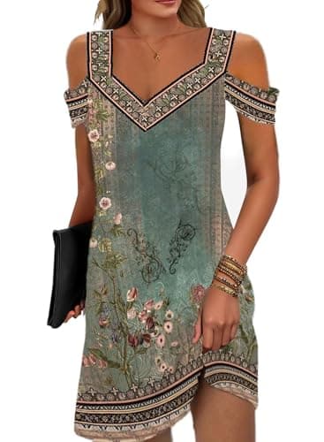 Soesdemo Womens Summer Green Flower Printed Dress Cold Shoulder V Neck Floral Printed 2024 Fashion Sundress with Pockets