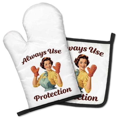 GEYGIE Always Use Protection Funny Oven Mitts and Pot Holders Set, Retro Home Cooking Baking Tools, Suitable for Family Gathering Cooking, Housewarming Gifts for Parents and Family Members