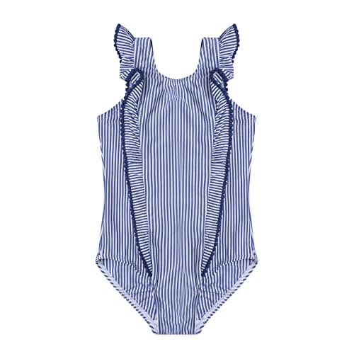 LIZENS Girls Swimsuit Kids Scalloped One Piece Ruffle Swimsuit Girls Swimwear Print (7-8T, Blue)