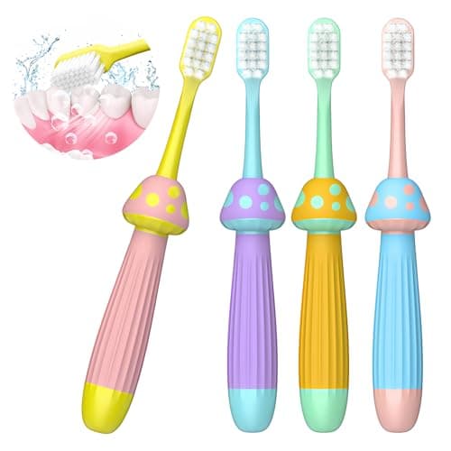 PANIMOSI Kids Toothbrushes 4 Pack, Extra Soft Toddler Toothbrush 1-12 Years, Cute Mushroom Baby Toothbrush Multicolor Infant Training Tooth Brush Complete Tooth and Gum Care, Easy to Grip