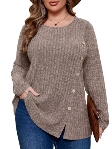 BELAROI Plus Size Sweaters for Women Casual Tunic Tops Crew Neck Long Sleeve Dressy Button Decor Fall Winter Shirts Loose Lightweight Pullover (1X, Mocha)