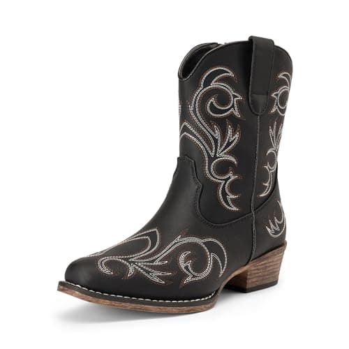 DREAM PAIRS Women's Cowboy Cowgirl Western Boots Embroidered Stitched Ankle Boots Square Toe Chunky Heel Fashion Short Booties with Zipper,Size 6.5,Black,DWUMAB2511