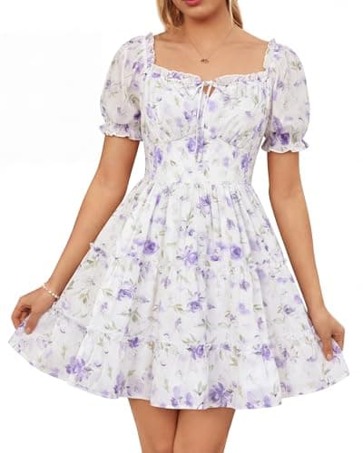 Scarlet Darkness Floral Corset Mini Dress Women Teen Summer Off Shoulder Dress Graduation Cute Sundress with Pockets White Purple S