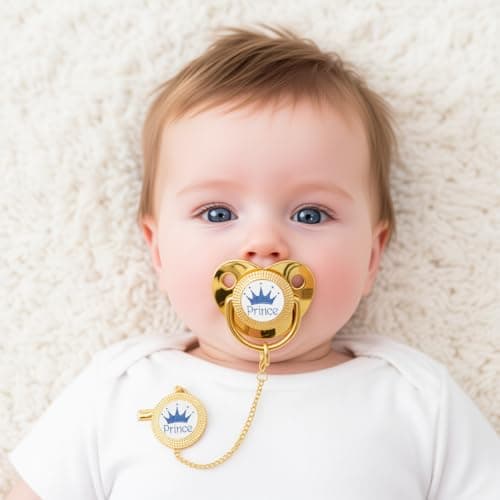 Gold BPA Free Baby Pacifier with Strong Metal Clip M(6-18m) ,Gift Box Packing No Rhinestone Pink Newborn Soother Dummy with Safe Chain Length (Golden)