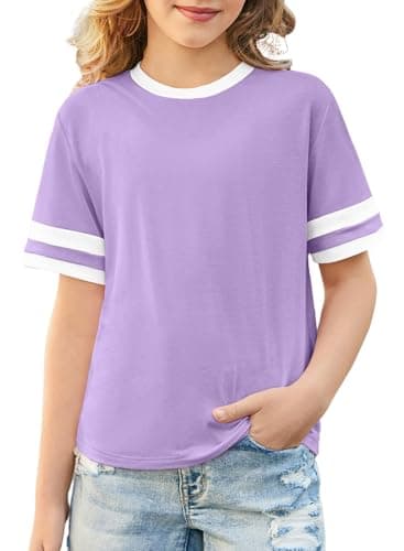 blibean Girls Shirts Big Kids Short Sleeve T Shirt Cute Summer Tops for Teen Girl Tweens Colorblock Striped Tees Fashion Spring Blouse Clothes Outfits Size 14 15 16 Year Old Purple