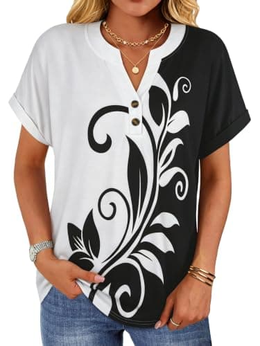 rosemia Womens Short Sleeve Shirts V Neck Dressy Casual Blouses Summer Loose Fitting Henley Tops, Black White Flower, S