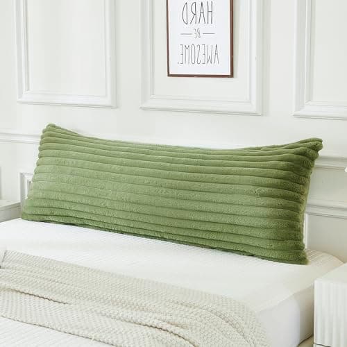 JAUXIO Faux Fur Fluffy Body Pillow Cover Luxury Striped Plush Decorative Body Pillowcase, Ultra Soft and Cozy Zipper Closure 21 x 54 Inches, Sage