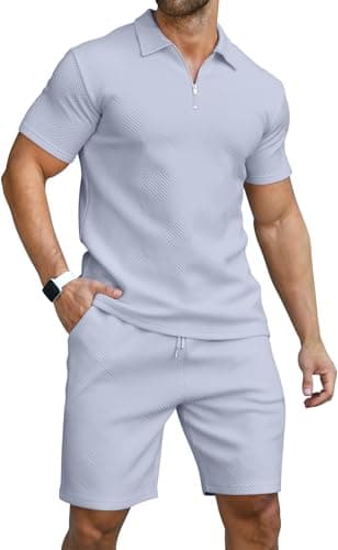 KUYIGO Men's Polo Shirt and Shorts Set Summer Outfits Casual Short Sleeve Suit for Men 2 Piece Tracksuit Sets Light Blue 2XL