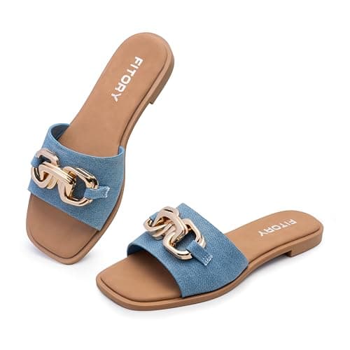 FITORY Women's Flat Sandals Fashion Slides With Soft Leather Slippers for Summer Denim Blue Size 8.5