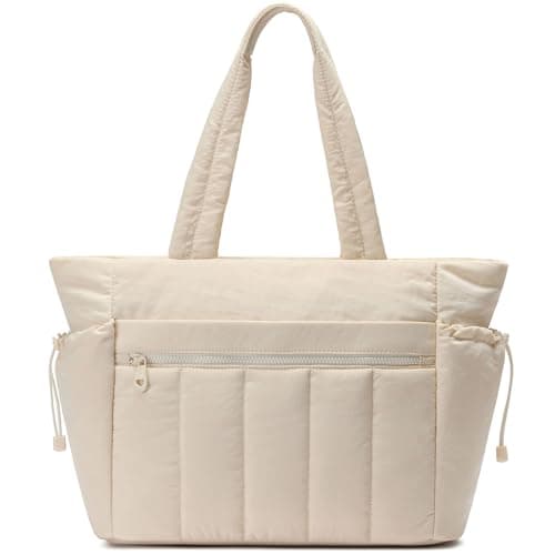 Tote Bag for Women, Lightweight Puffer Tote Bag with Compartments, Quilted Shoulder Bag Handbag with Zipper for Work Beige
