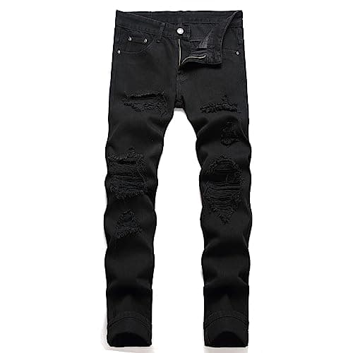OIIIO Men's Ripped Slim Fit Straight Leg Jean Denim Pant (42, 30015 Black)