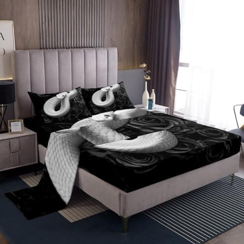 Castle Fairy Snake Bed Sheets Queen Size, Black Rose Flowers Rustic 3D Coiled Snake White Reptile, Quality Brushed Microfiber Luxury Bedding Set with Flat,Fitted Sheet,2 Pillow Cases,Queen