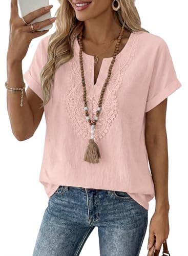 EVALESS Boho Tops for Women Spring Summer 2026 Fashion V Neck Short Sleeve Trendy Dressy Casual Blouses Business Cute Lace Shirts Vacation Clothes,Dusty Pink Medium