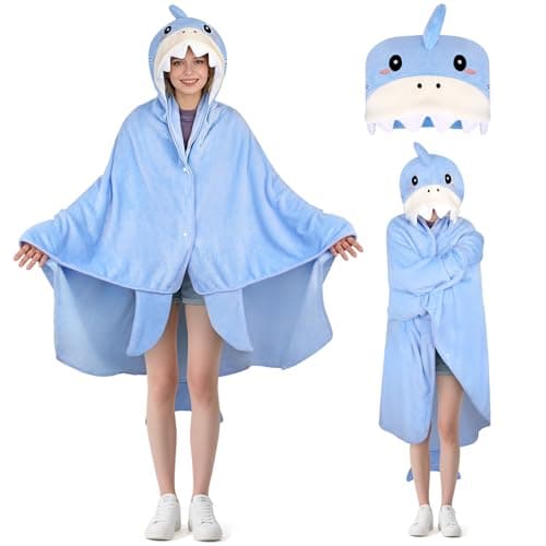 FVNPIHAM Wearable Blanket Hoodies, Cute Shark Wearable Blanket with Hood & Gloves, Flannel Blanket Hoodies for Women, Teen Girls & Kids, Blue Blanket Valentine Gifts