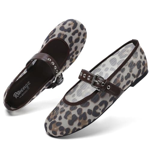 RIBONGZ Leopard Flats Shoes for Women Mesh Mary Jane Flat Ballet Round Toe Dress with Buckle Comfortable Slip On Foldable Mesh Flat Girls Ballerina Shoes for Office Work Party Walking Casual 6.5