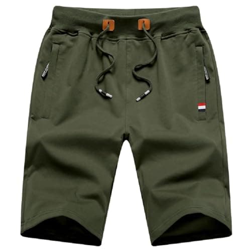 SYQBR Mens Shorts Casual, Zipper Pocket Shorts Men Drawstring Elastic Waist Army
