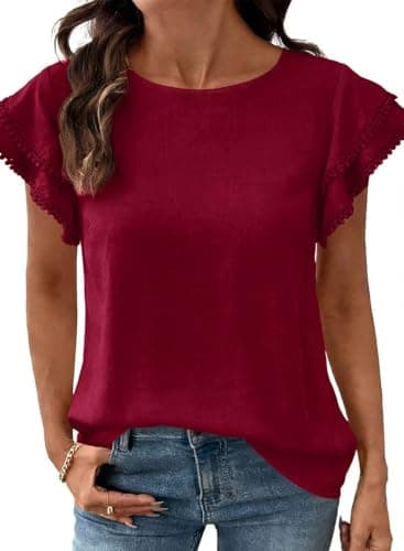 Dokotoo Womens Tops 2026 Casual Crew Neck Ruffle Cap Sleeve Blouse Shirts Solid Color Tunic Tops Vacation Outfits for Women Red Top Small