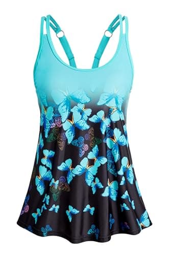 Bathing Suit Tops for Women Scoop Neck Full Coverage Flowy Swim Tank Top Only Swimming Tankini Blue Butterfly Small