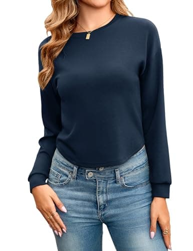 Totatuit Women Long Sleeve Cropped Tee Shirts Comfort Color Crewneck Crop Sweatshirts Loose Fall Basic Clothes Navy Blue Large