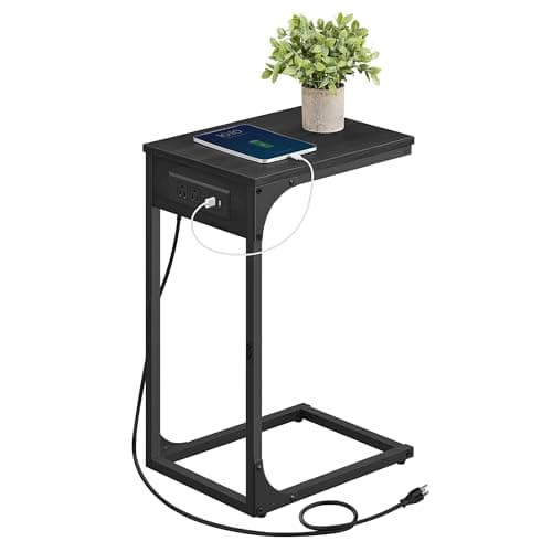 VASAGLE C-Shaped Side Table, End Table with Charging Station, C Table for Couch, Sofa, Adjustable Feet, for Bedroom, Living Room, 2 USB Ports and Outlets, Gray Oak ULET362G01