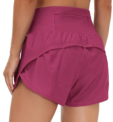 THE GYM PEOPLE Womens High Waisted Running Shorts Quick Dry Athletic Workout Shorts with Mesh Liner Zipper Pockets Fuchsia