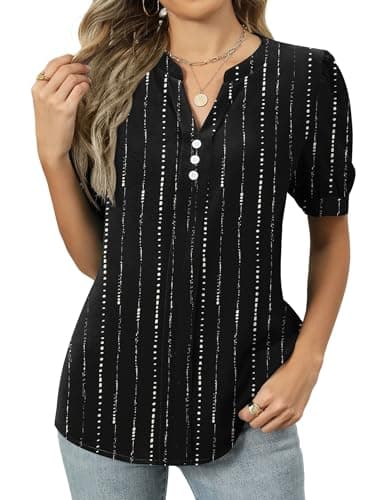 Kistore Business Casual Tops for Women V Neck Dressy Blouses Short Sleeve Summer Chiffon Blouse Trendy Top Printed M
