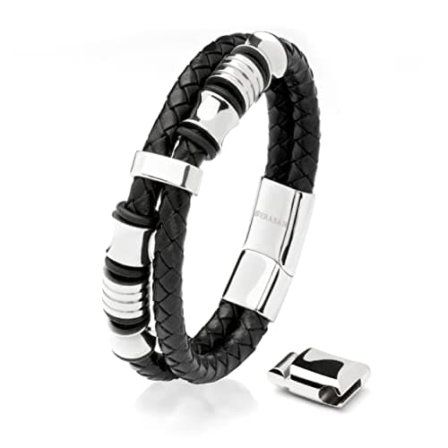 SERASAR Leather Men Bracelet Black Stainless Steel Pulsera Hombre 9 inch