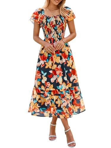 Simplee Womens Summer Floral Flowy Maxi Dress Flutter Sleeve Smocked Wedding Guest Square Neck A Line Tiered Casual Dresses Navy Blue