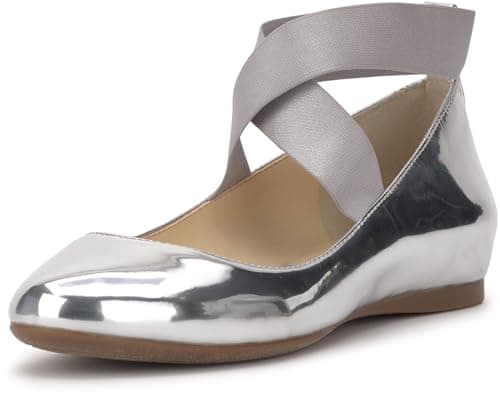 Jessica Simpson Women’s Mandayss Criss-Cross Ankle Ballet Flats with Straps, Silver, 7.5