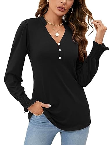 Rapbin Black Blouses for Women Dressy Casual Long Sleeve Office V Neck Tops with Collar Button Shirt Women Fall 2025 S