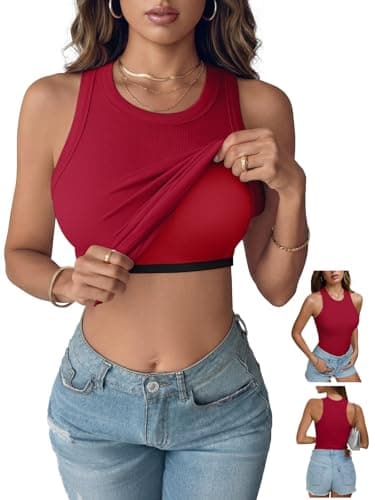 REORIA Women's Built in Bra Tank Tops Racerback Ribbed Padded Sleeveless Shirts Fitted Casual Dressy Cute Summer Cruise Outfits 2026 Red X-Large